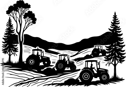 Tractor Convoy Silhouette with Forest Background