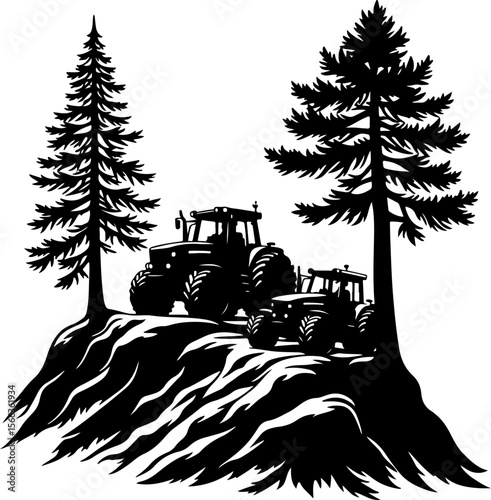 Tractor Convoy Silhouette with Forest Background