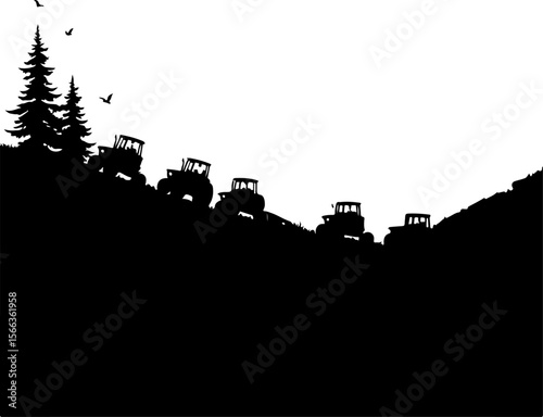 Tractor Convoy Silhouette with Forest Background
