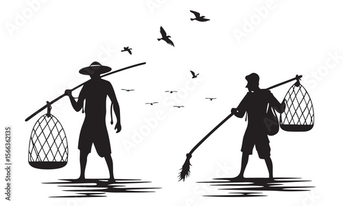 Traditional Fishing Boat Silhouettes Fishermen with Catch Vector