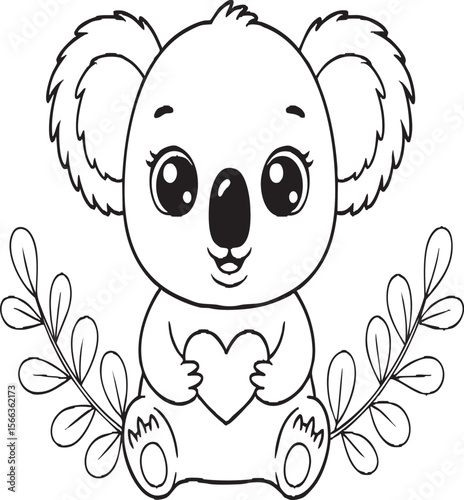 Cute Koala Holding Heart Line Art – Adorable Baby Animal Coloring Page for Kids, Wildlife Illustration, Jungle Friend, Nature Theme Art Print

