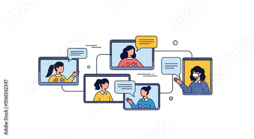 Diverse people collaborating and communicating effectively through digital platforms connecting across screens for shared projects and ideas
