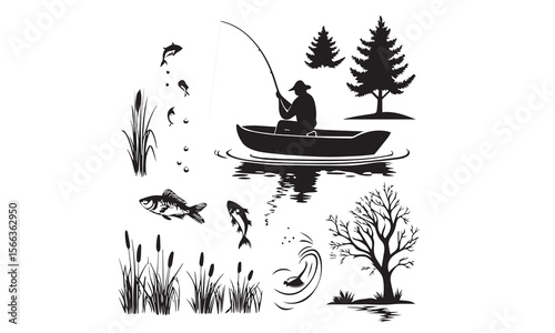 Traditional Fishing Boat Silhouettes Fishermen with Catch Vector