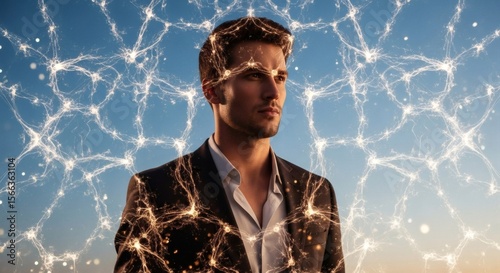 Thoughtful Man, Neural Network Connections, Conceptual Portrait