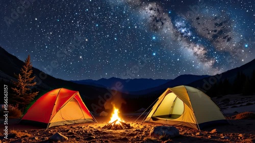 Campfire Under Starry Night Sky with Bright Milky Way and Colorful Tents in Mountain Landscape, Perfect for Adventure and Nature Lovers
