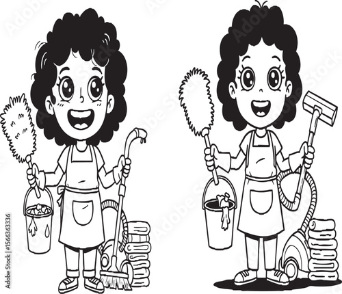 Cute Girl House Cleaner Coloring Page – Happy Cartoon Kid with Cleaning Tools, Printable Maid Character Line Art for Children’s Activity Worksheets