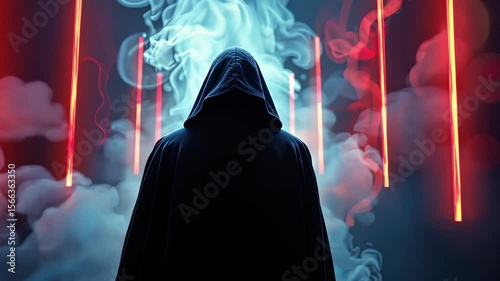 Mysterious hooded figure shrouded in dark cloak stands against vibrant background of swirling smoke, dramatic lighting, and laser beams in eerie atmosphere