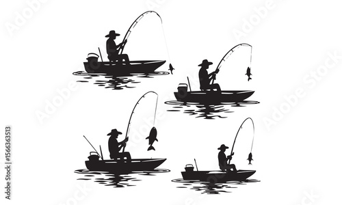 Traditional Fishing Boat Silhouettes Fishermen with Catch Vector
