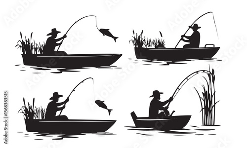 Traditional Fishing Boat Silhouettes Fishermen with Catch Vector