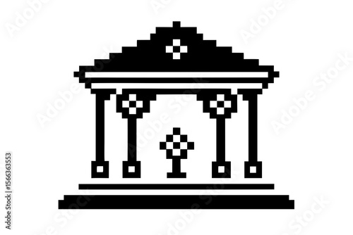 Pixel Art Temple Icon with Pillars and Floral Motif