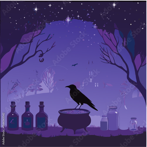 Dark bird silhouettes perch on a moonlit tree against a starry night sky, a vector illustration for a mysterious landscape