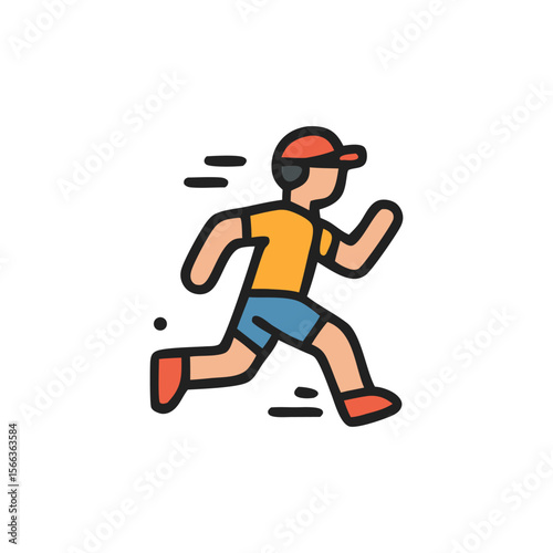 Cartoon illustration of a person running with speed lines, wearing a cap, shirt, and shorts.
