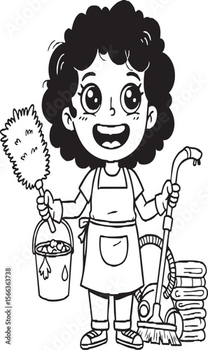 Cute Girl House Cleaner Coloring Page – Happy Cartoon Kid with Cleaning Tools, Printable Maid Character Line Art for Children’s Activity Worksheets