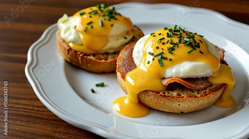 Delicious Eggs Benedict with Hollandaise Sauce, Poached Eggs, Sliced Ham, Fresh Chives on a Toasted English Muffin