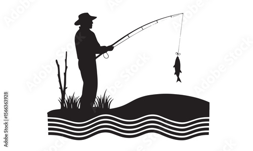 Fishing Silhouette with Rod and Fish
