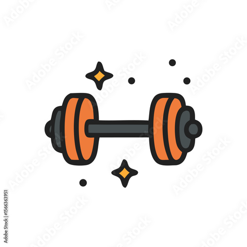 Cartoon dumbbell with orange weights and black handle, surrounded by sparkles.