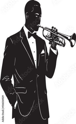 Jazz Trumpet Player Silhouette in Tuxedo – Elegant Musician Vector Art, Black and White Trumpet Illustration, Classy Jazz Performance Icon