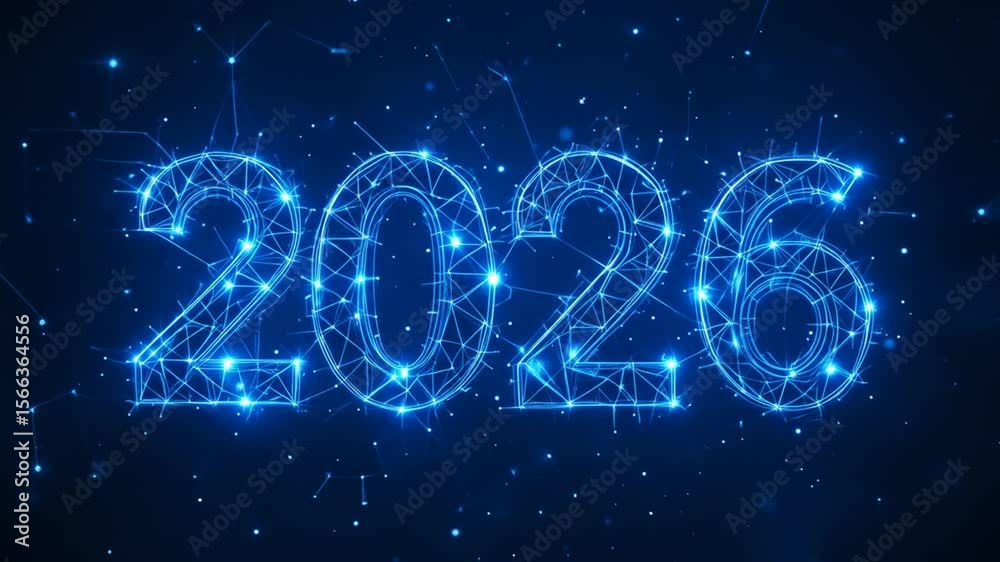 Happy New Year 2026, made with dots and lines, polygonal wireframe light link structure in the night sky, dark blue background. 4k video