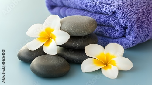 Serene Spa Scene,  Stacked Stones, Plumeria Flowers, and Purple Towel