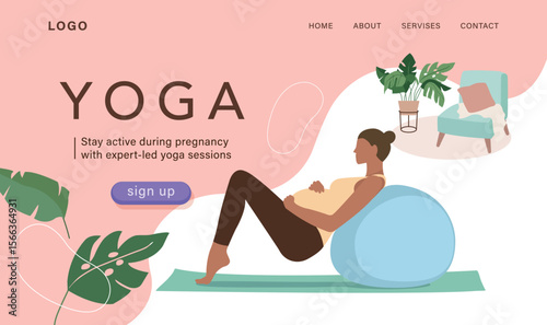 Prenatal Yoga Homepage Template with Pregnant Woman and Fitness Ball in Flat Style
