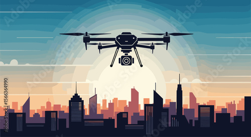 Advanced drone technology surveying modern city skyline at sunrise delivering innovative aerial perspective for future development and urban planning initiatives