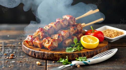Delicious and Colorful Grilled Skewers with Tender Meat, Fresh Vegetables, and Tangy Lemon on Rustic Wooden Table