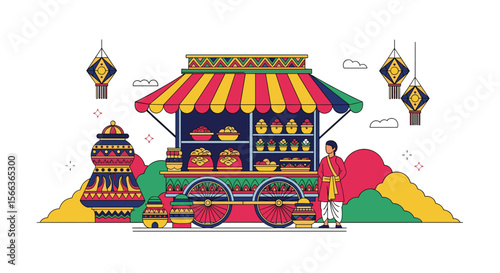 Vibrant indian street food cart scene with traditional decorations and a vendor serving delicious snacks