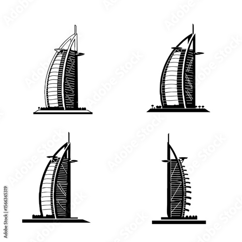Burj Al Arab Dubai Vector Silhouette Icon – Modern Landmark Art, Luxury Hotel Design, UAE Architecture Illustration for Travel and Tourism Use