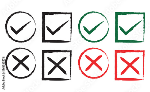  Hand-drawn checkmarks and cross symbols in black, green, and red. Rough brushstroke style ideal for UI elements, infographics, forms, and creative presentations.