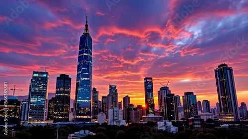 Breathtaking Sunset Over Urban Skyline with Dramatic Clouds and Skyscrapers Reflecting Warm Light at Dusk in a Vibrant Cityscape
