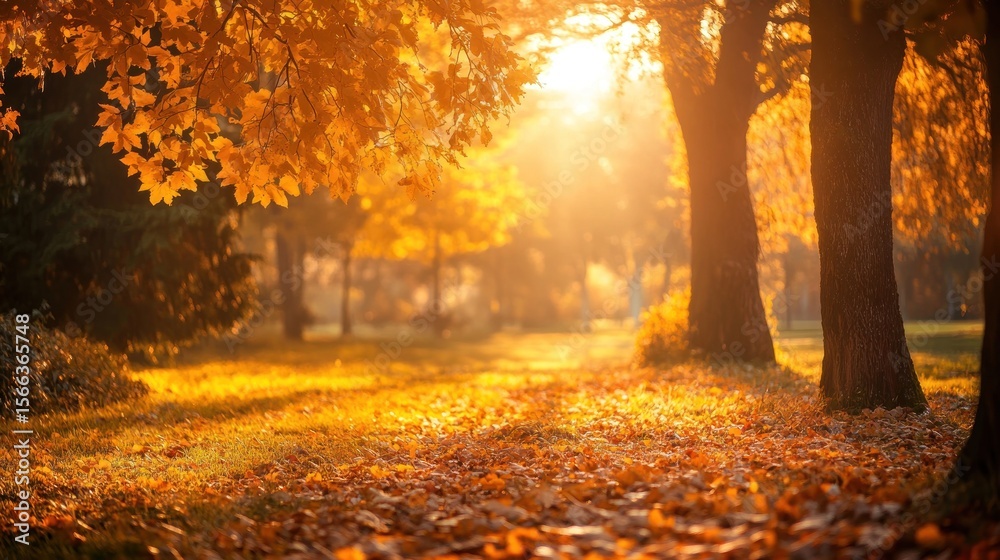 Fototapeta premium Autumnal park bathed in golden sunlight