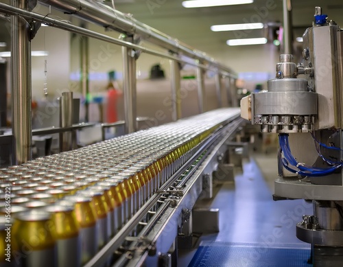 Automated beer production line with cans in factory setting