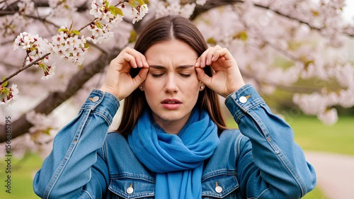 Young Woman With Hands On Eyes Experiencing Allergic Reaction Under Pink Blossoming Cherry Tree