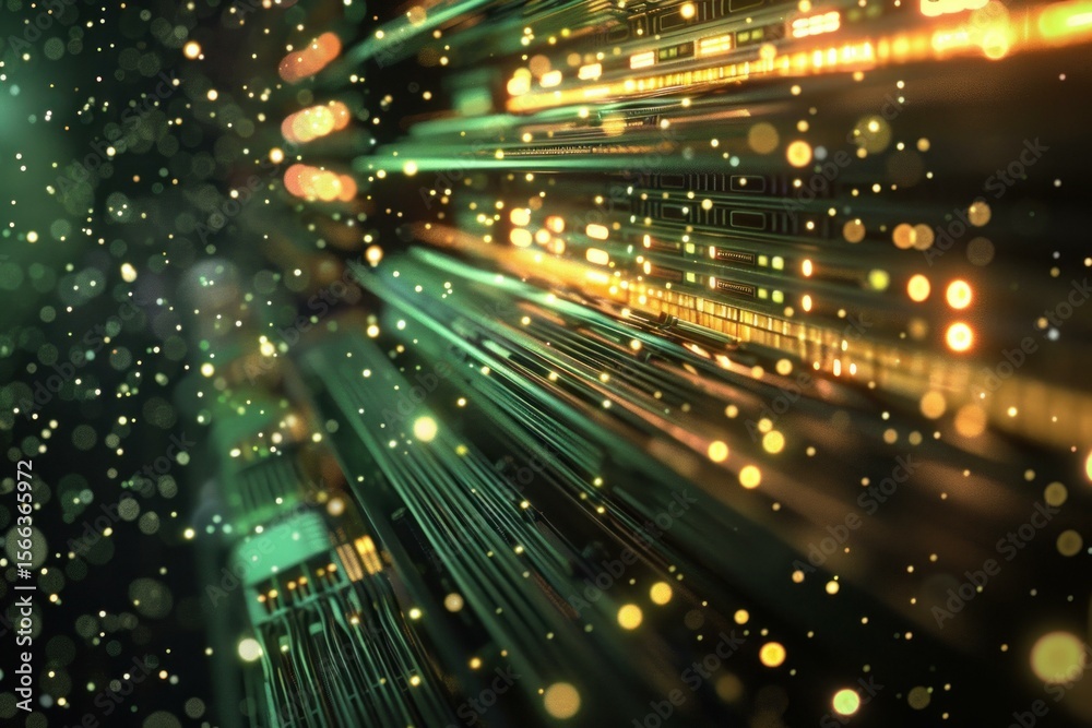 Obraz premium Data center transferring big data with light particles flowing in server room, futuristic technology and data transmission concept