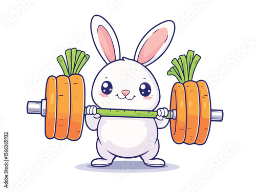 Cute bunny lifting carrot weights illustration for fitness health and nutrition promotion