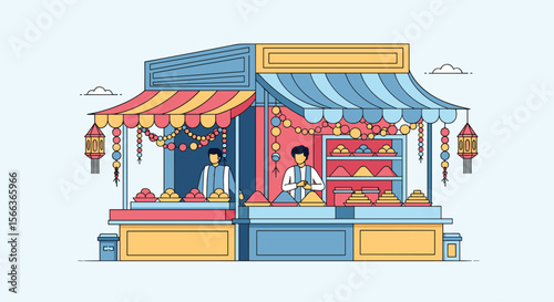 Vibrant asian market stall scenes with people working and selling local food delicacies and traditional goods