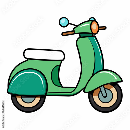 Cartoon illustration of a vintage green scooter isolated on white background