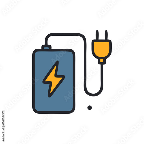 A stylized illustration of a blue battery being charged with a yellow plug via a black cable.
