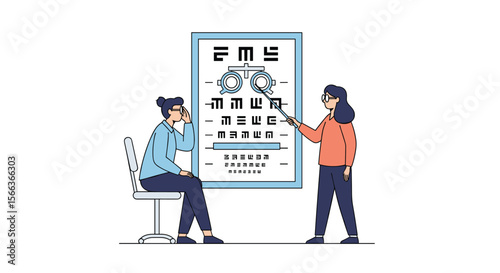Optometrist examining a patient's eyesight with a vision chart during an eye exam consultation