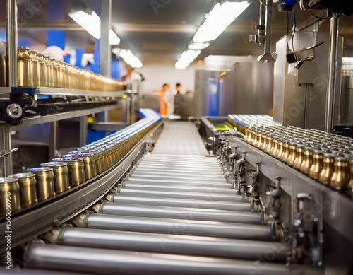 Automated beer production line with cans in factory setting