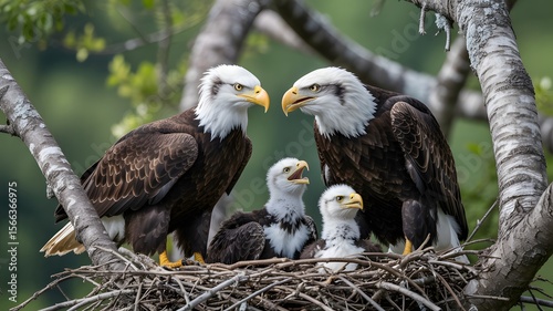 Bald eagles family in nest on a branch with baby eagles and parent birds looking at each other