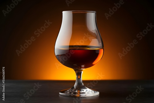 Elegant glass of brandy against a warm backlit background suggesting sophistication and relaxation.