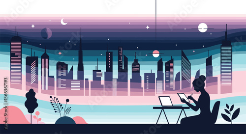 Serene cityscape digital art scene featuring a woman working remotely on her laptop and tablet amidst a dreamy twilight sky