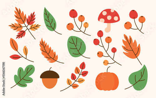 Flat style autumn vector clipart set: leaves, berries, pumpkin, acorn, mushroom on a light background