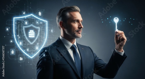 Businessman Holding Digital Key to Cybersecurity Protection