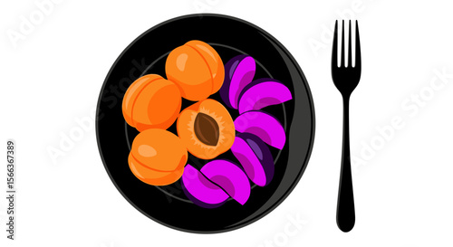 Apricots and plums on a black plate with a fork on a transparent background with copy space