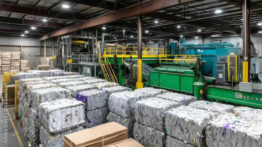 Panoramic view of massive paper recycling plant, featuring rows of compressed paper bales stacked to ceiling, surrounded by machinery and safety signage, industrial sustainability