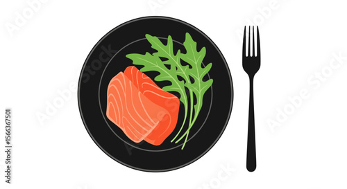 Plate of salmon fillet with arugula on a transparent background, healthy meal concept