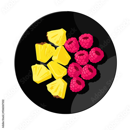 Pineapple and raspberry slices on a black plate on a transparent background with copy space
