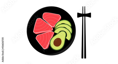 Slices of salmon and avocado in a black bowl with chopsticks on a transparent background with copy space